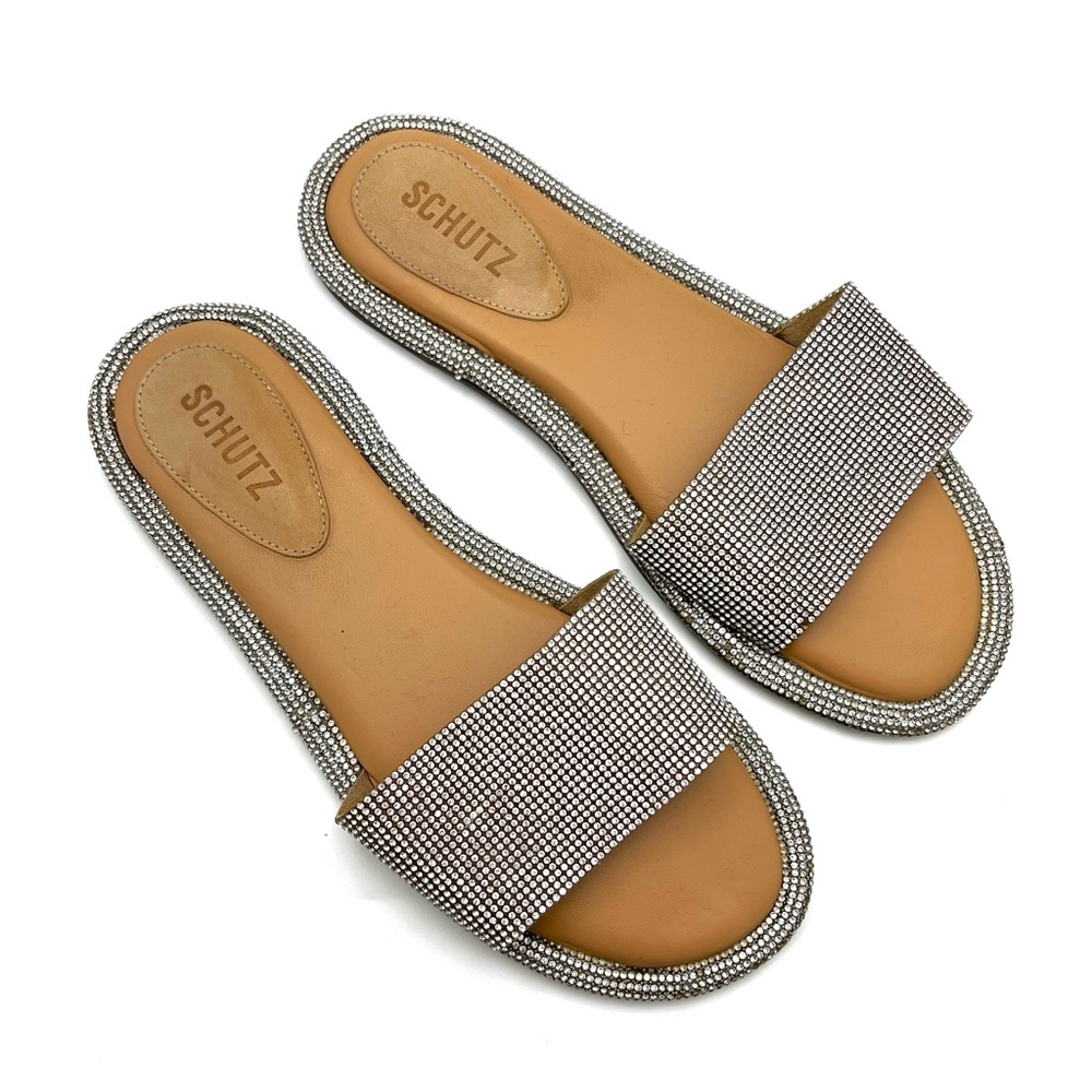 SCHUTZ Alcina Rhinestone Leather Slide Sandals